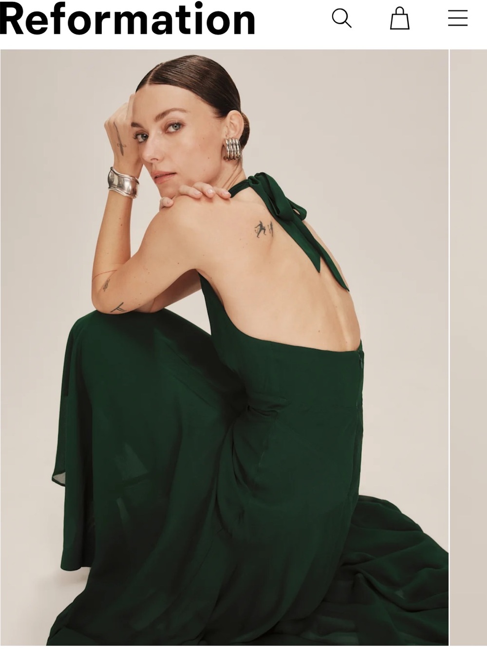 Reformation Dark Green V-Neck Maxi Dress with Back Tie - Picture 3 of 10